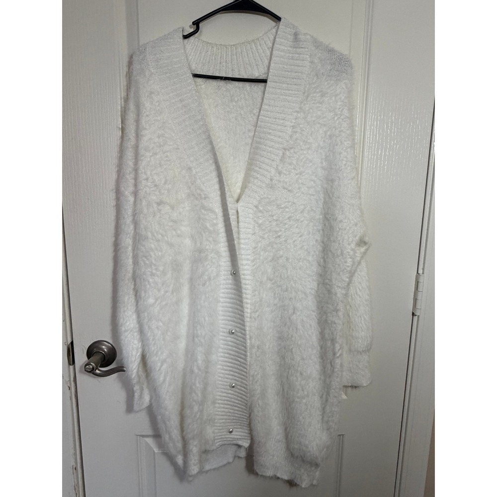 White Fuzzy Eyelash Knit Cardigan Faux Pearl Button Oversized Sweater 3XL